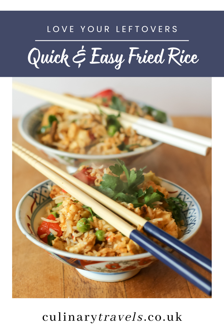 Pinterest pin for Yangzhou fried rice with the text “Love Your Leftovers: Quick & Easy Fried Rice” over a photo of homemade fried rice in a bowl with chopsticks